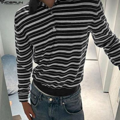 Men Lapel Neck Long Sleeve Striped Patchwork Casual T-shirts Tops