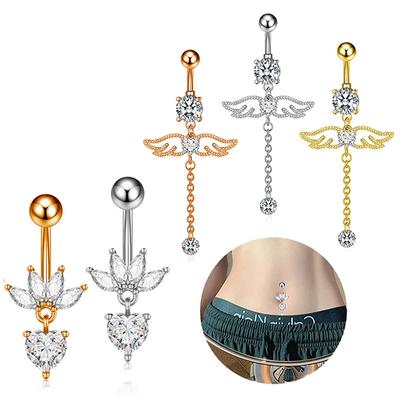 Fashion Angel Wings Belly Button Rings Heart-Shaped Zircon Navel Ring Cute Crystal Dangle Navel Barbell Body Piercing Jewelry
