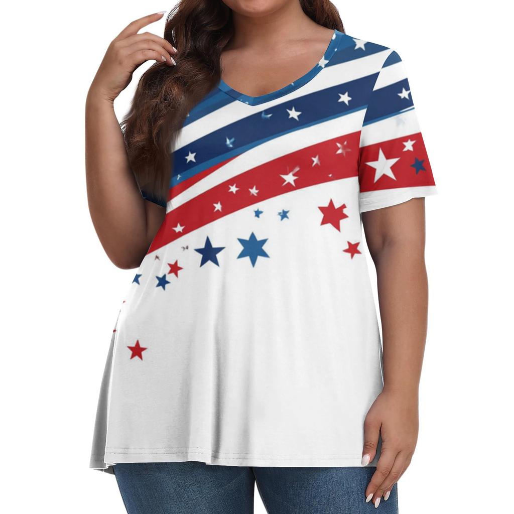 Women's Fashion Casual V-Neck Pullover Short Sleeve Large Size Independence Day Printed T-Shirt Top