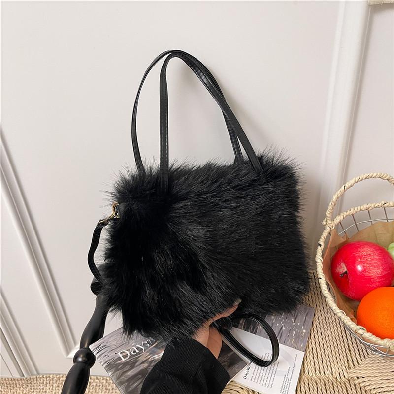 Winter Simple Soft Plush Shoulder Bags for Women Solid Color Ladies Faux Fur Crossbody Bag Versatile Femlae Bucket Handbags