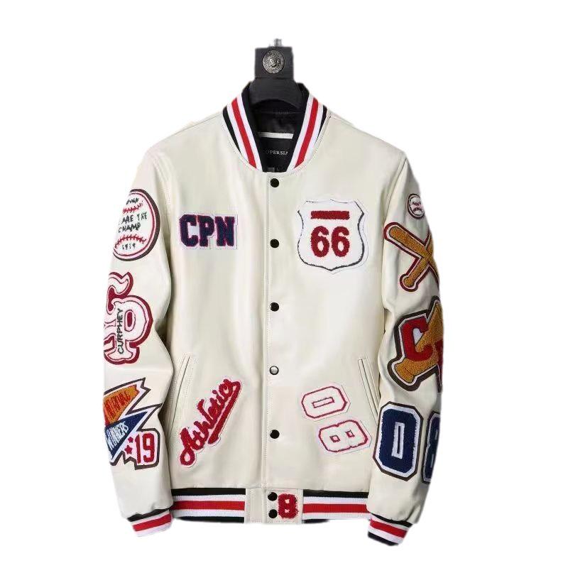 Unisex Multi-Logo Embroidered Leather Baseball Jacket - Autumn/Winter Loose Fit Single-Breasted Outerwear