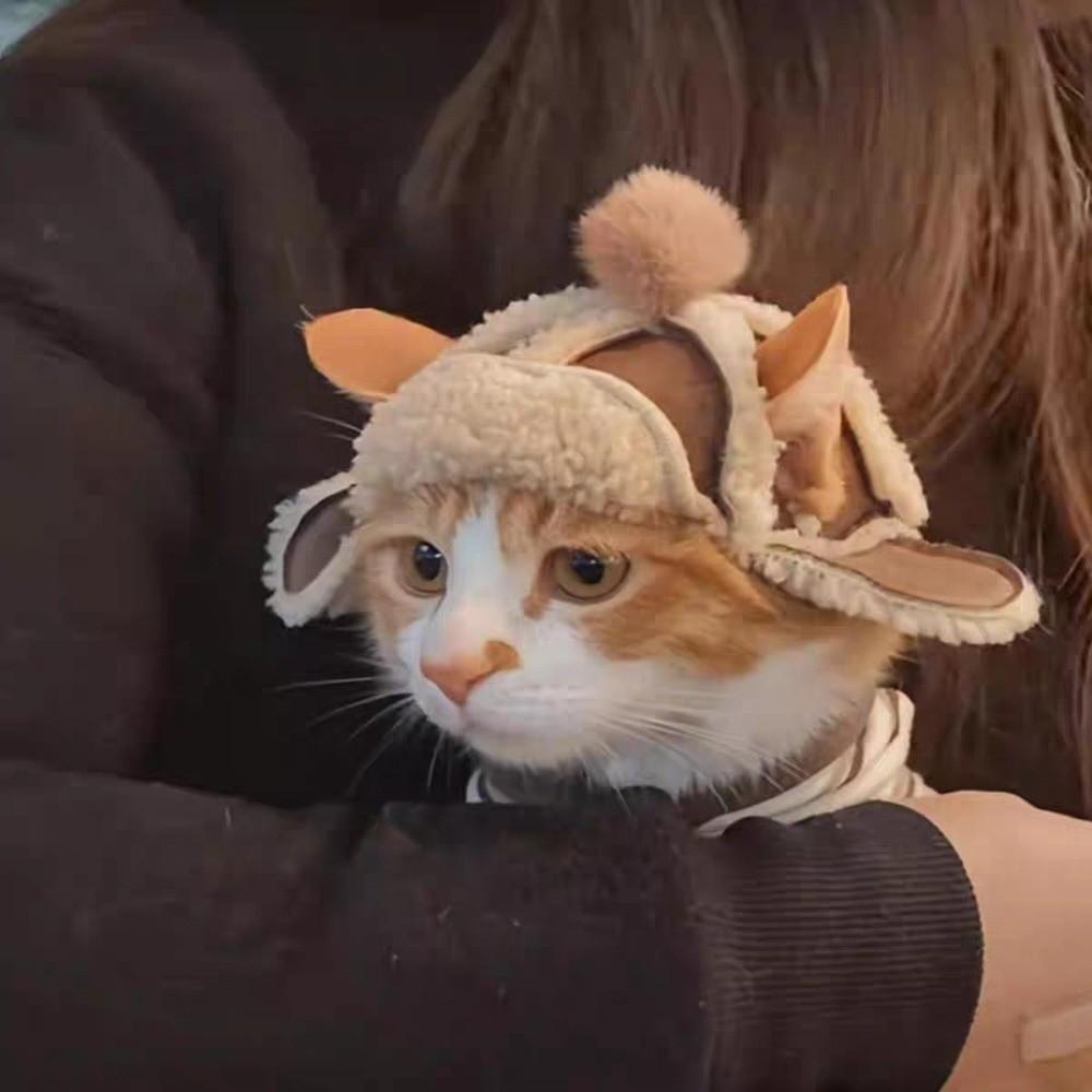Modische Warme Fliegermütze für Katzen Winddicht mit Ohrloch Flauschige Hundemütze Lammfell Haustier Kopfbedeckung Outdoor-Aktivitäten