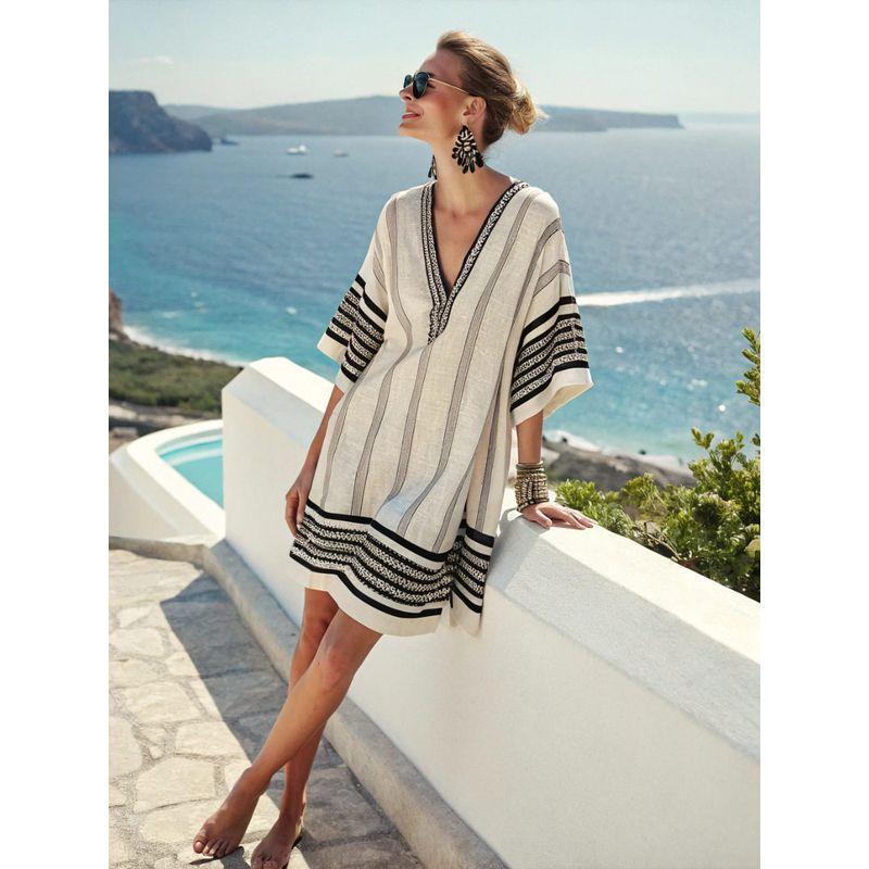 New Amazon Women's Clothing Super Fairy V-Neck Dress Seaside Vacation Beach Dress Printed Loose Mid-Length Dress