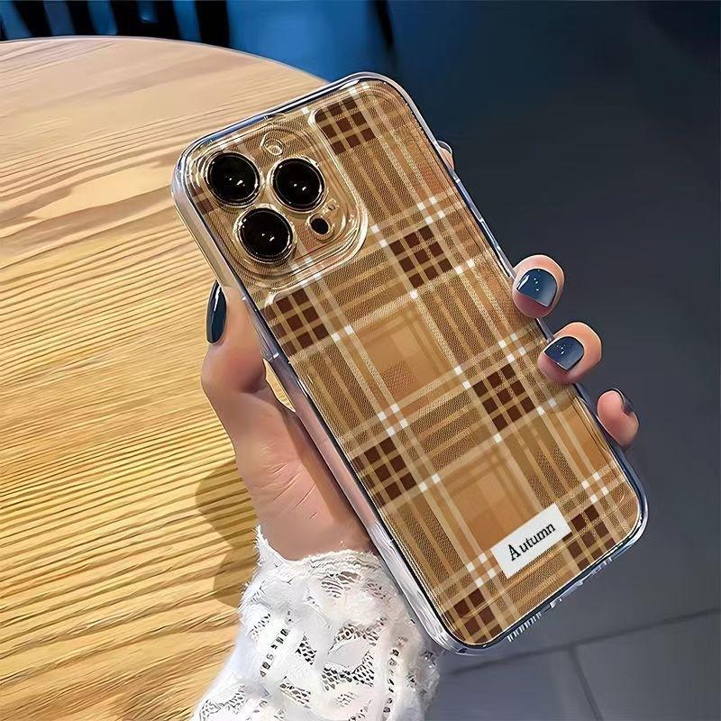 Brown striped grid applies to Apple 16promax mobile phone case 15plus creative 14 advanced sense 13pro personality X
