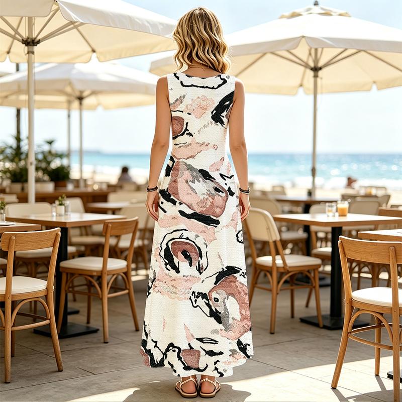 Women's Ink Wash Print Lightweight Loose Maxi Dress Urban Casual Beach Dress,Versatile for Daily Wear,Travel Photoshoots & Vacations