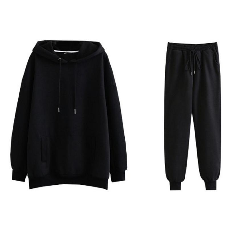 

Осень-зима женский спортивный костюм из плотного флиса и хлопка, комплекты из 2 предметов, толстовки с капюшоном и свободные длинные брюки, костюмы L