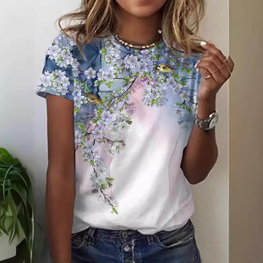 Sommer-Oberteil mit Rundhalsausschnitt und 3D-Blumenmuster, modisches, lässiges, kurzärmeliges Damen-T-Shirt