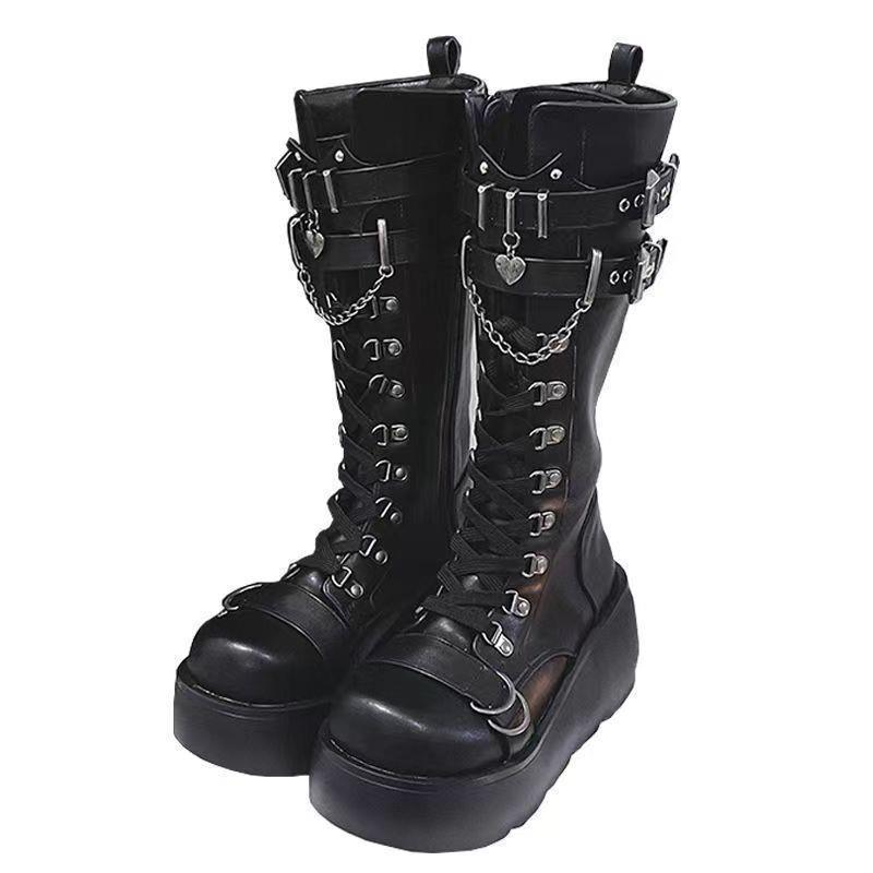 Demonia Platform Boots Y Fashion Leather Buckle with Wedge Heel Mid Boots Female Punk Babes Long Boots High Heel Women's Boots