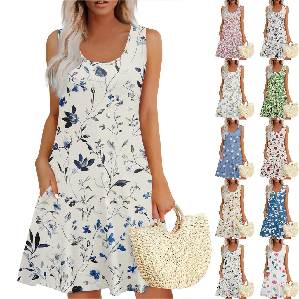 Women's Summer Floral High Waist Bohemian Dress Casual Hawaiian Flowing V Neck Holiday Dress