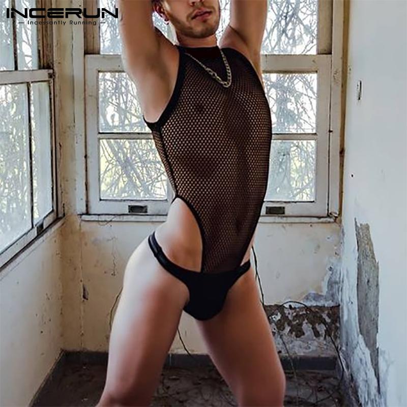 INCERUN Summer Sexy Gym Muscle Men's Fashion See Through Mesh Sleeveless Jumpsuit Singlet Panties Underwear Sweat Suit