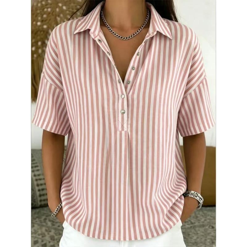 TIFICY Women's Fashion Casual Summer Spring Stripe Print Short Sleeve POLO Neck Blouses & Shirts