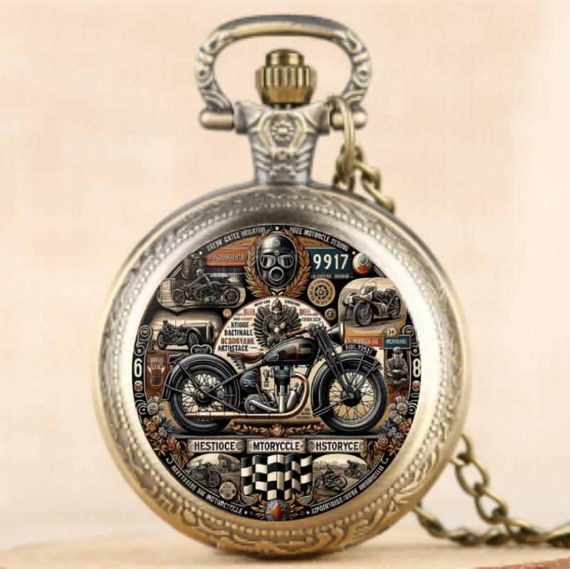 Antique Exquisite Vintage Motorcycle Pattern Design Quartz Pocket Watch - Men Male Kids Fashion Accessory, Non-Waterproof  Watch
