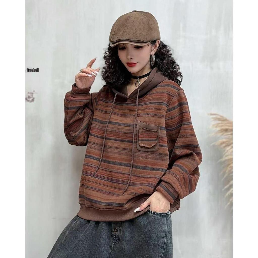 Bojiiafan 2025 Stylish Women's Hooded Fleece-Lined Striped Sweatshirt: Age-Reducing Loose Fit Winter Pullover.