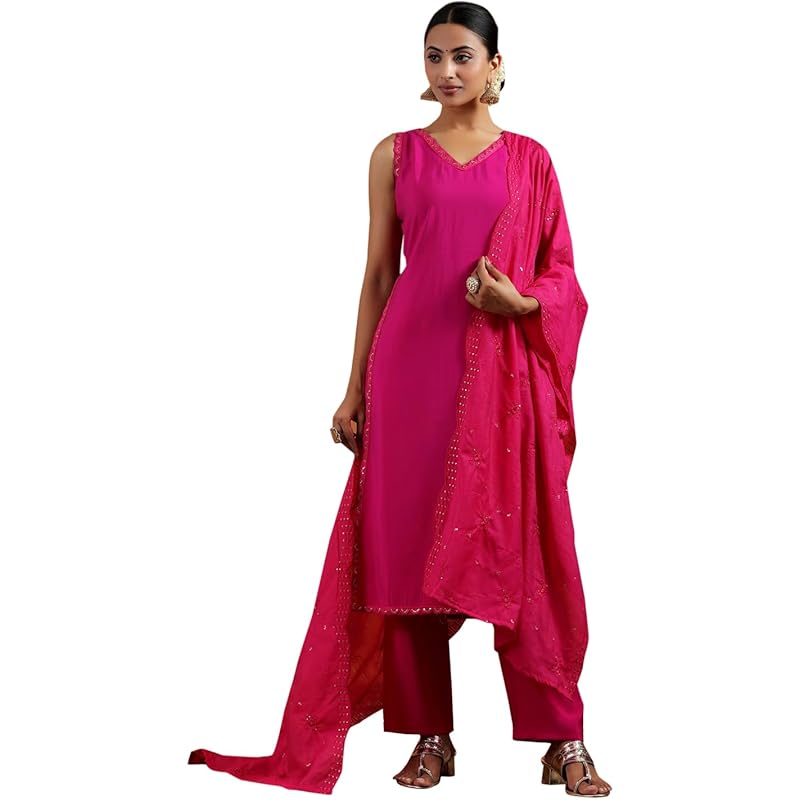 Libas Women's Silk Blend Kurta Sets (35610_Red