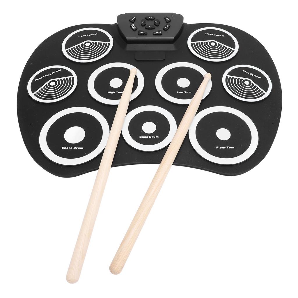 Batería Electrónica con 9 Pads de Práctica Jack de 3.5mm Silicona 7 Tonos 10 Ritmos 10 Canciones Demo Roll