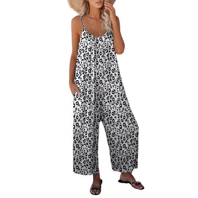 Mono informal de verano para mujer, peto con estampado de leopardo y tirantes finos, monos holgados sin mangas con bolsillos