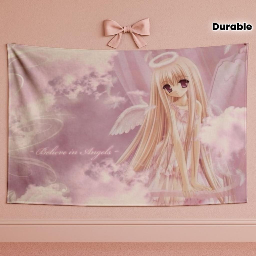 1Pc Angelic Kawaii Angel Girl Tapestry 2D Polyester Flat Print Pink Cloud Wall Hanging Decor For Bedroom Living Room Gift
