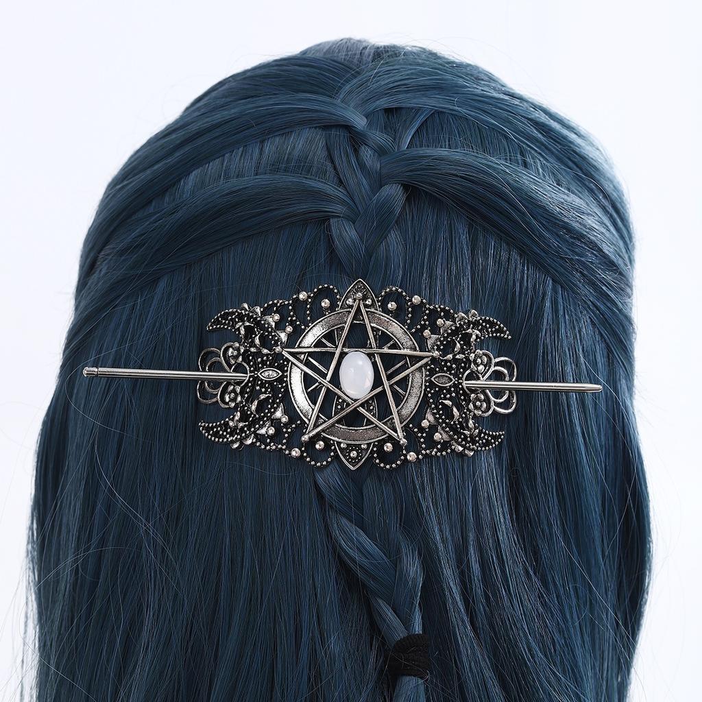 Gothic Style Pentagram Gemstone Hairpin Vintage Silver Decoration Hollowed Out Pattern Hairpin Dark Themed Boutique Headwear