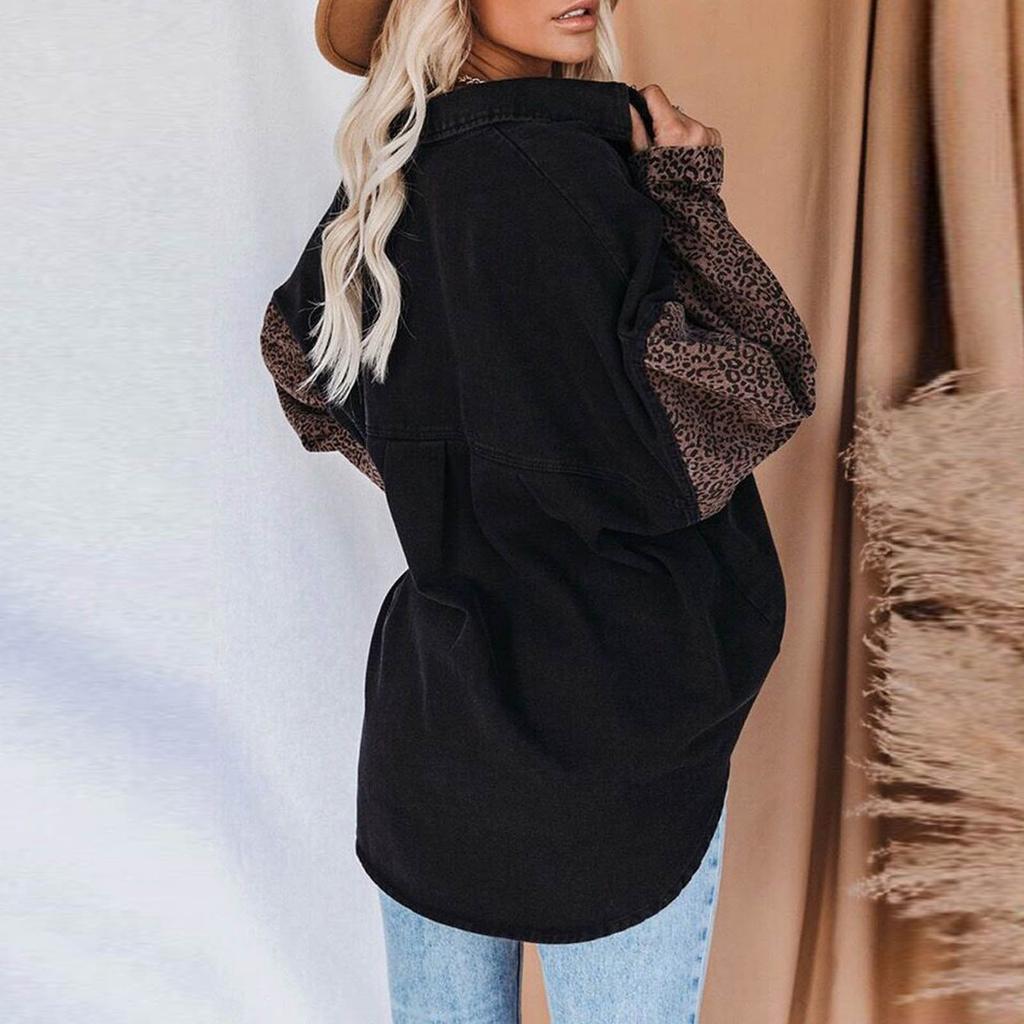 Women's Casual Leopard Patchwork Button Long Sleeve Denim Shirt Top Jacket