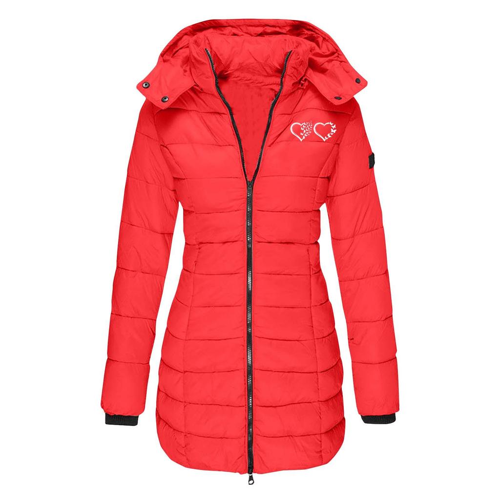 Evropská velikost Dámský zimní bavlněný kabát střední délky s kapucí - Slim střih, Jednobarevný, s tištěnými detaily