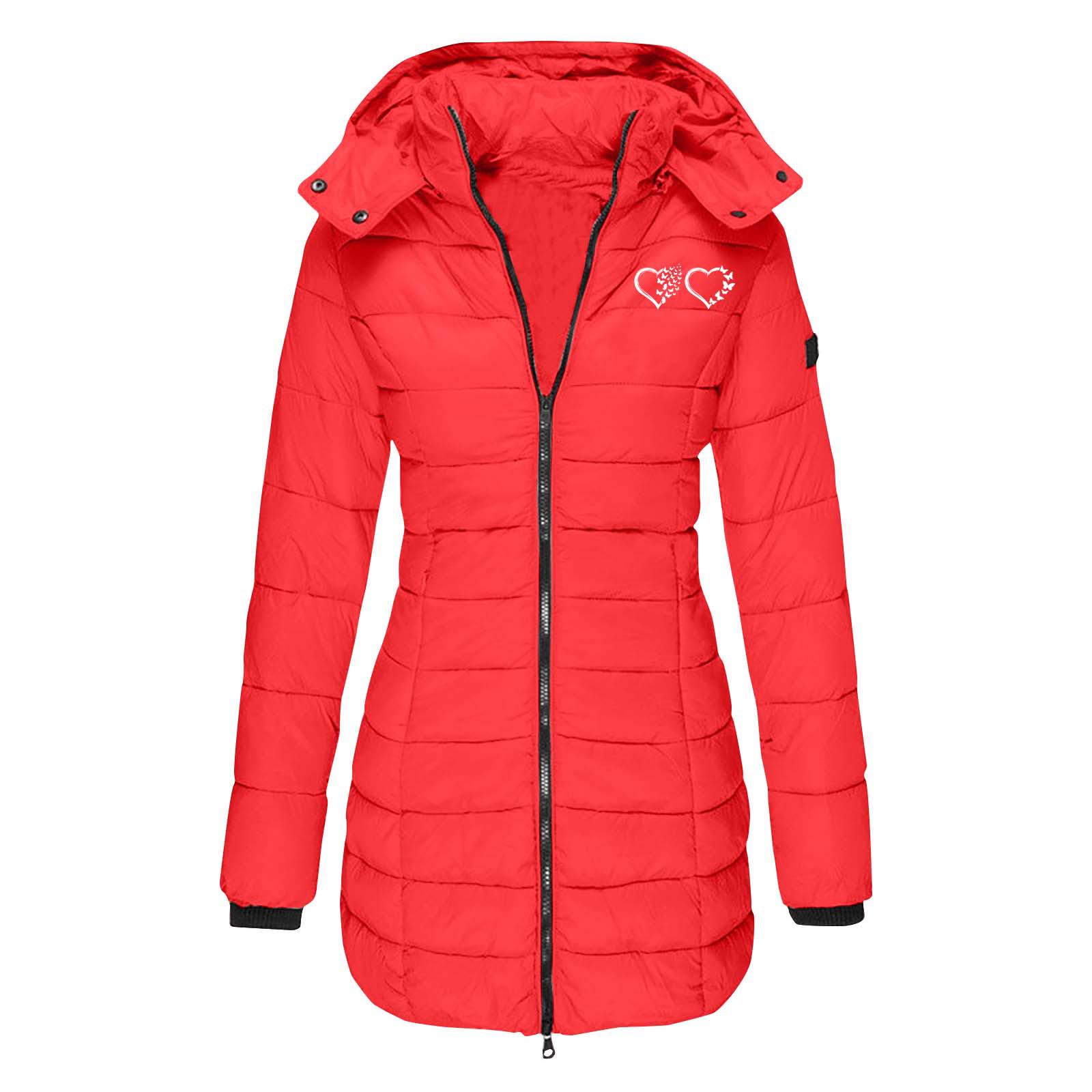 

Жіноче зимове бавовняне пальто середньої довжини з капюшоном європейського розміру - Приталене, однотонне, з друкованими деталями XXXL червоний