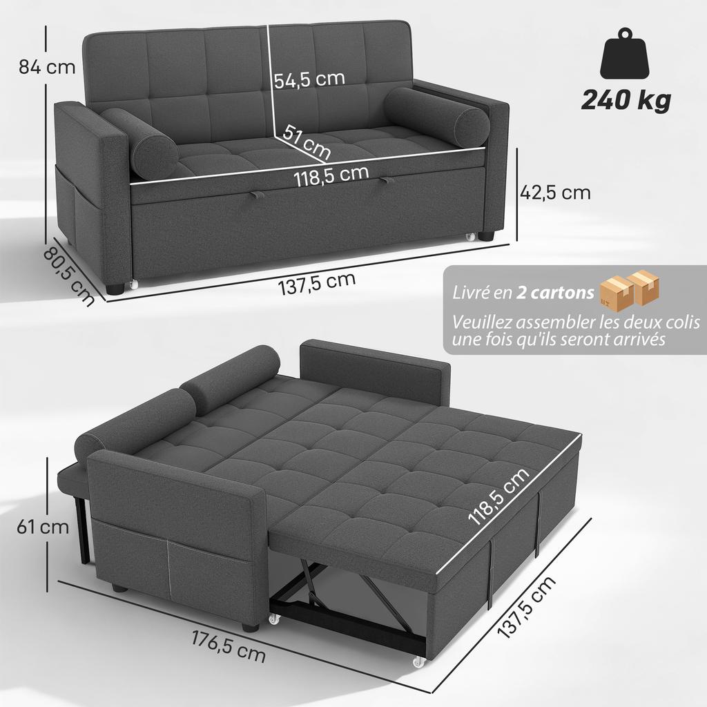 Convertible Sofa Bed, 2-Seater 3-in-1, Pull-Out Bed, 2 Cushions, 80.5 x 137.5 x 84 cm, Grey