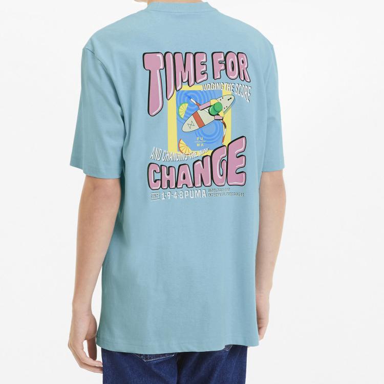 Puma Downtown Graphic Back Letter Print Short Sleeve T-Shirt Men Tops Sky-Blue 597337-18