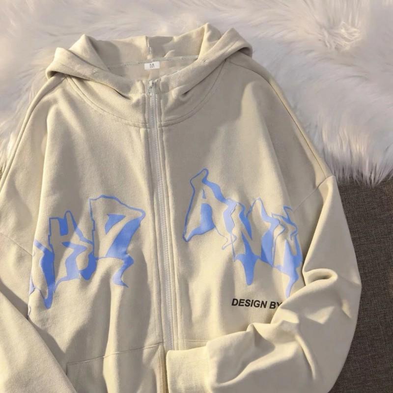 226 Gothic Print Zip Up Hoodie Unisex Women Casual Fall Winter Loose Fit