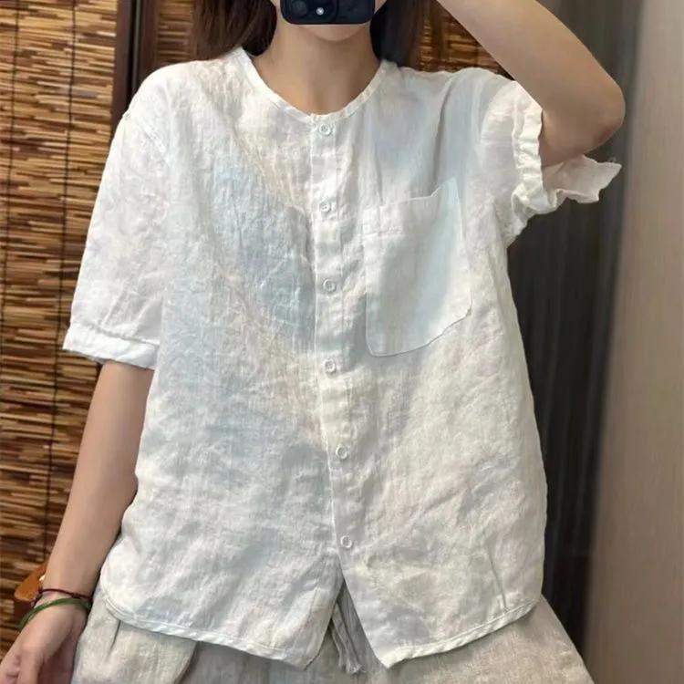 Women Summer Chiffon Cotton Linen Round Neck T-shirt Art Loose Shirt Open Cardigan Top Short Shirt