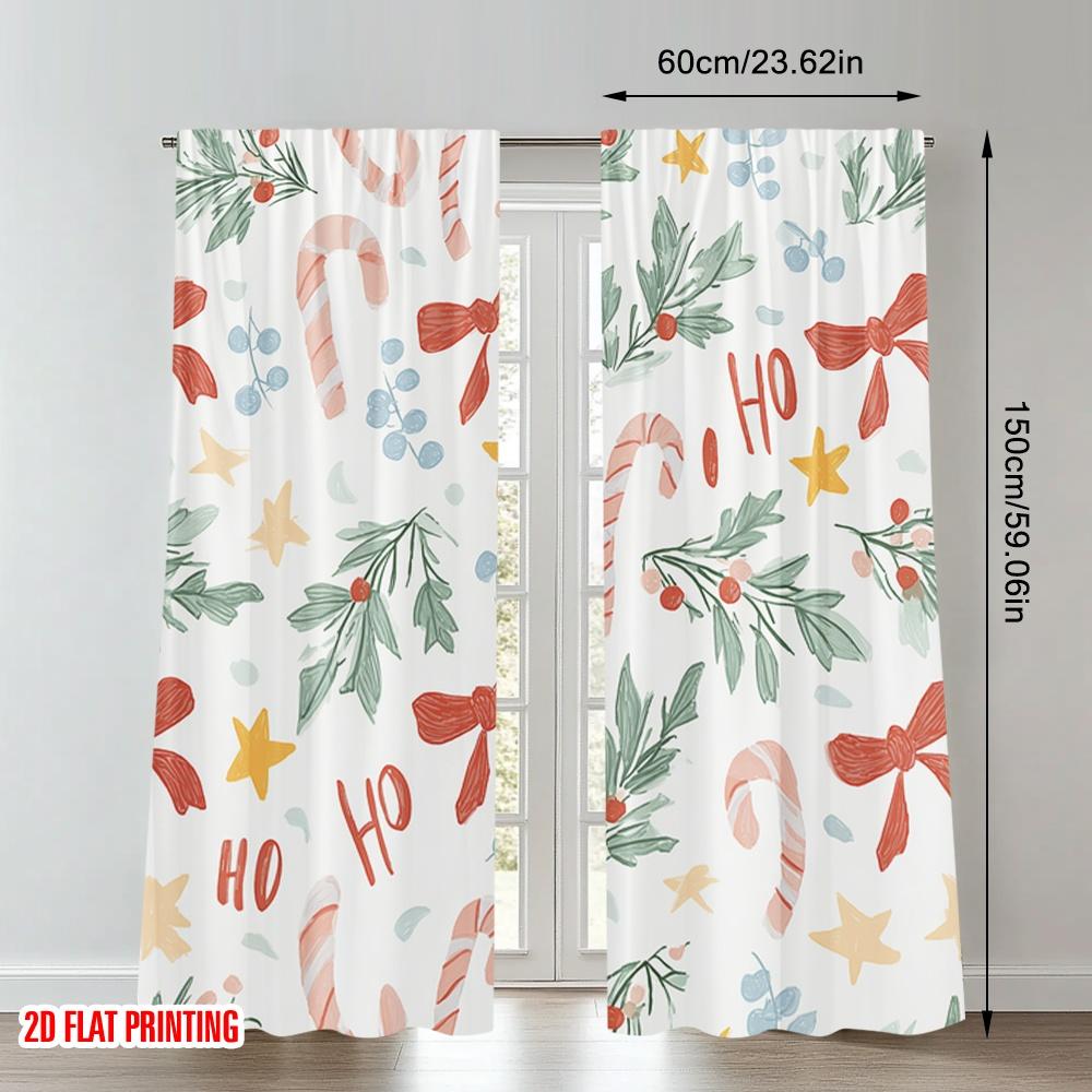 Set Of 2 Flat Printing Happy Christmas Party Curtains Mistletoe Candy Cane Ho Digital Printed Polyester Drapes Holiday Curtain