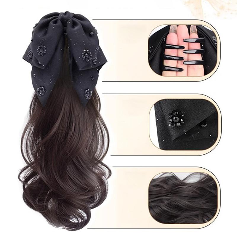 Synthetic Wigs Simulated Ribbon Bowknot Puffy Curly Grab Clip Ponytail Wig Women Headwear Extensions 40Cm