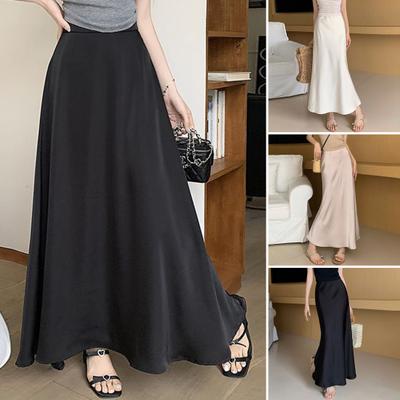 Maxirock Hoher Bund Glatter Satin Fischgrät Saum Hoher Bund Pendler Stil Schlankmachender Rock Arbeit Freizeit Tägliche Kleidung