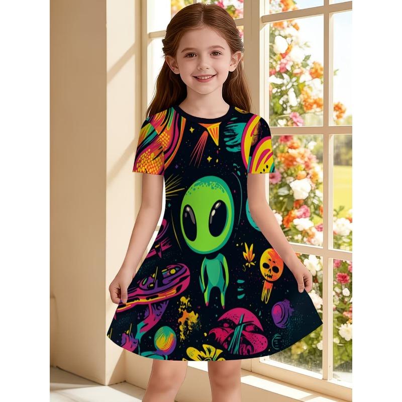 Gothic Cartoon Skull 3D Printed Girl Clothes Summer Princess Elegant Dresses Comfortable Short Sleeve Dress Fashion Kids Clothes