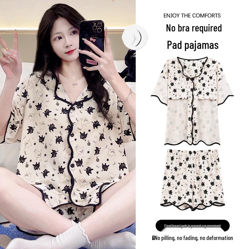 Women's Thin Korean-Style Sweet Pajama Set with Bra Pads - Summer Short Sleeve & Shorts Cardigan, Anti-Pilling Home Wear