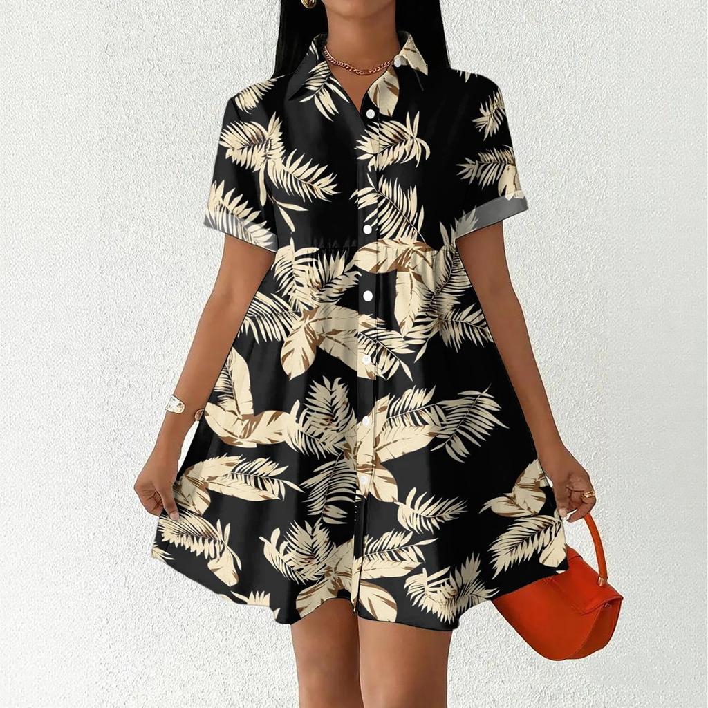Women's Casual Loose Fit Shirt Dress Button Front Short Sleeve Collared Dress with Floral Print Suitable for Daily Wear and Outdoor Activities