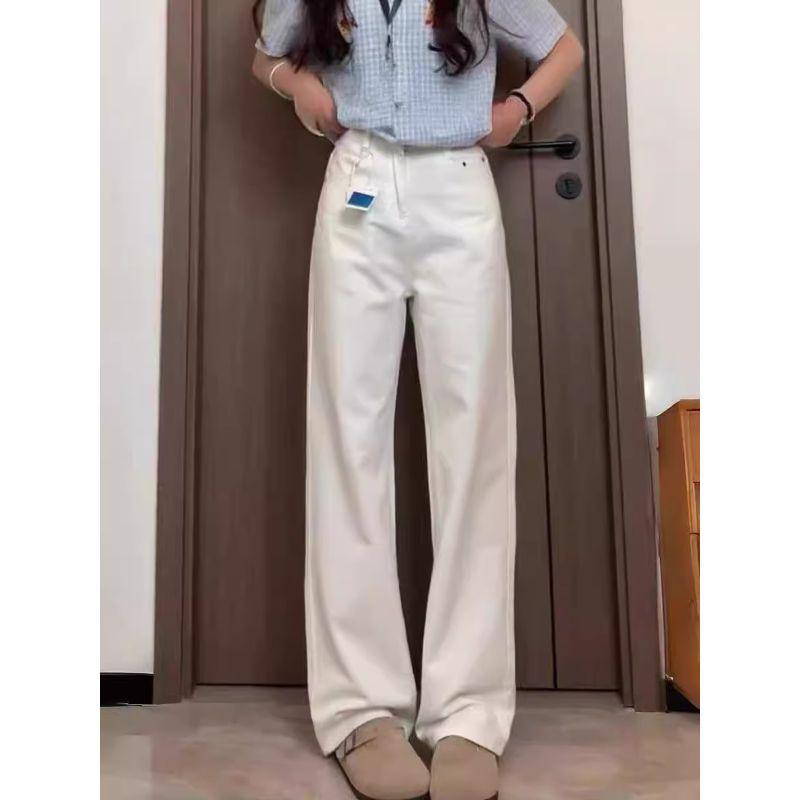 White Denim Plus Size Wide-Leg Pants for Women - Loose Fit, Autumn Style, Slimming, Hip-Covering, Pear-Shaped, Straight Leg.