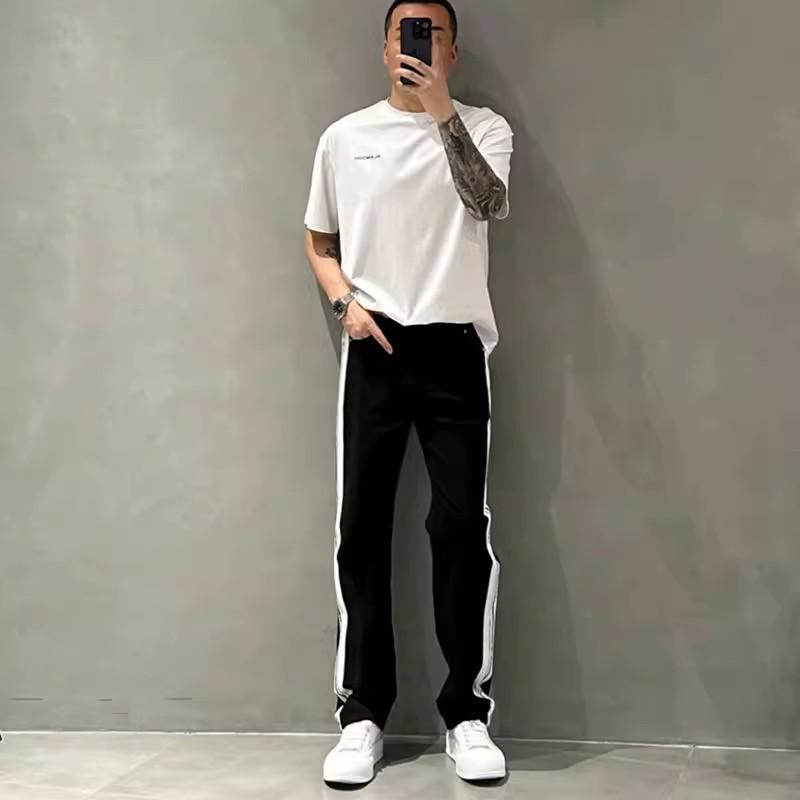 Men's Summer Wide-Leg Striped Stitching Casual White Jeans