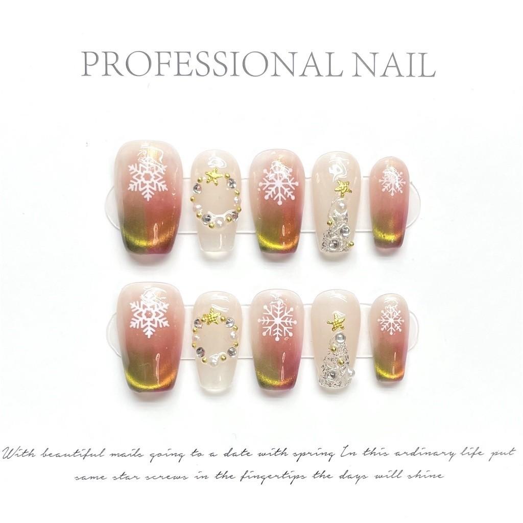 

100% HANDMADE Medium coffin shape Fake nail set with Glue Sparkling Christmas Dopamine Double Light Cat Eye Hand Painted Snowflake Tree Press on L