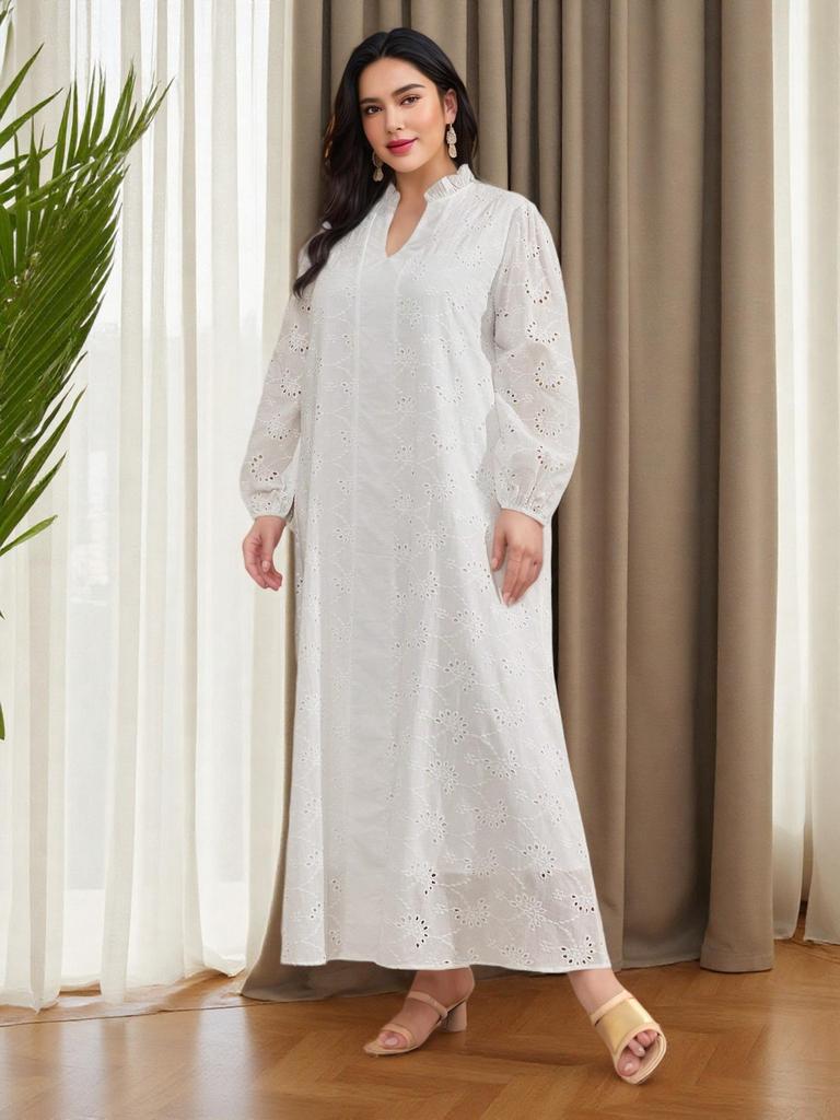 Plus Size V-neck Embroidered Lantern Sleeve Casual Dress