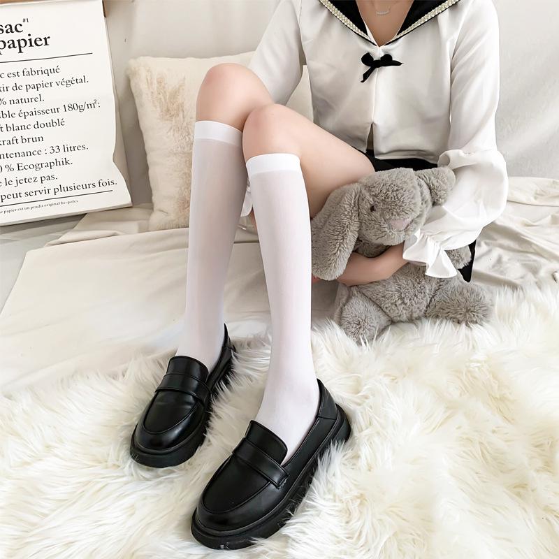 JK Women's Over-the-Knee Black & White Mid-Tube Stockings - Thin, High Calf Socks for Spring & Summer.