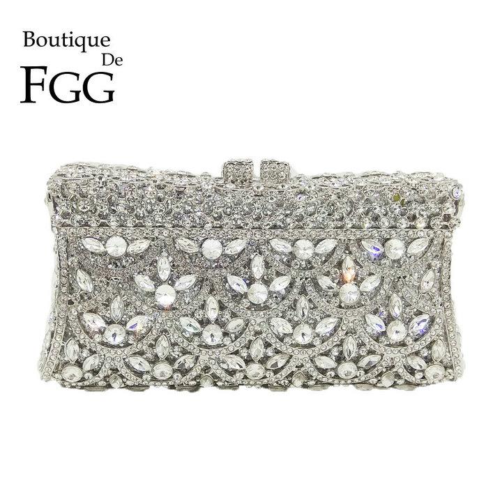 

Boutique De FGG Gradient Multicoloured Women Crystal Evening Minaudiere Bags Hollow Out Flower Clutch Wedding Purses Handbags Mini Size