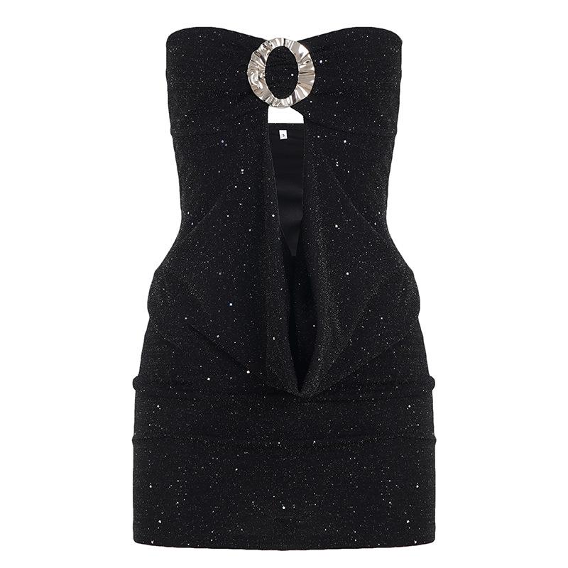 European Style Slim-Fit Strapless Dress with Bowknot and Swing Hem Large чёрный