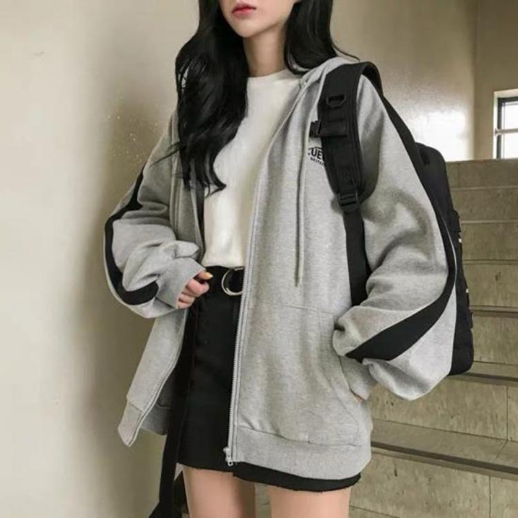 Women Loose Casual Hoodie Coat Cardigan with Zipper Long Sleeves Contrast Color Hooded Soft Warm Outerwear for Spring