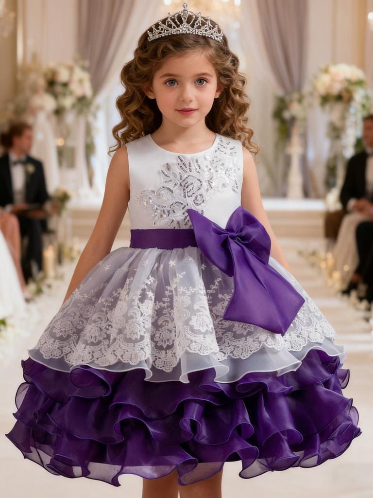 Girls Bow Flower Wedding Party Birthday Party Tutu Dress Stage Performance Costume