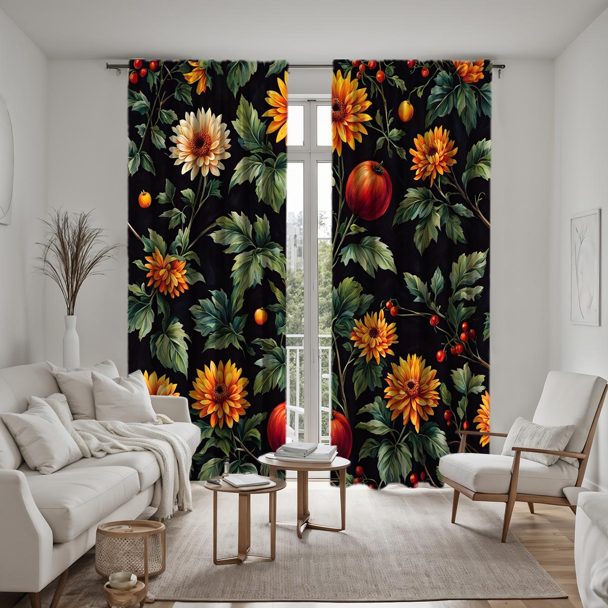 

2 шт. занавесок HD с изображением листьев, садовых цветов и фруктов, с зеленой завязкой, с цифровой печатью, для украшения дома, в стиле «Украсьте гостиную» W52H63inchW132H160cm