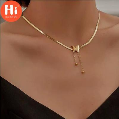 Hi 316L Stainless Steel Fashion Upscale Jewelry Matte 2-Layer Butterfly Choker Charms Snake Bone Chain Necklaces Pendants For Women