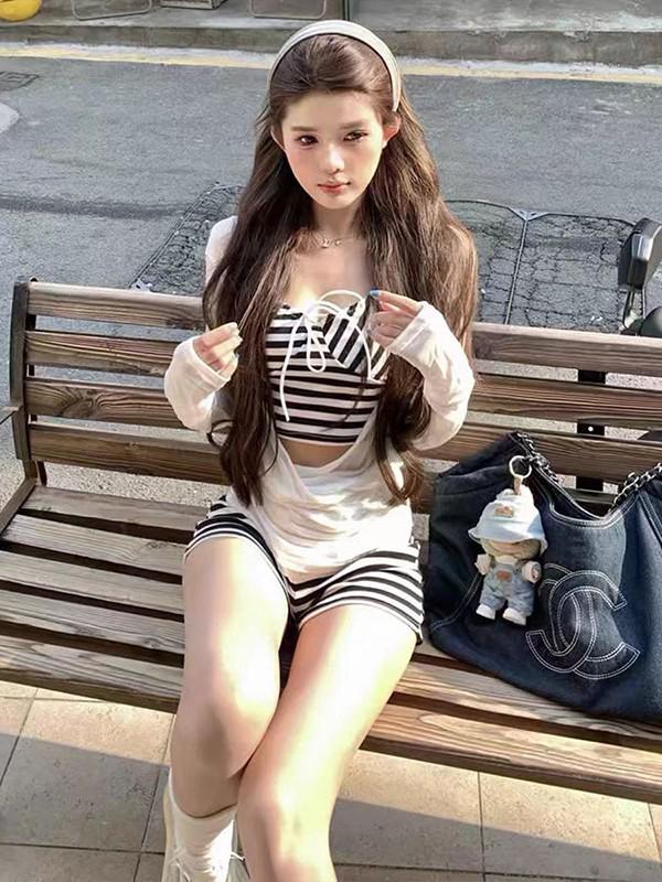 2026 Trendy Women's Long Sleeve Striped Swimsuit Cover-up with Sun Protection and Bikini Set