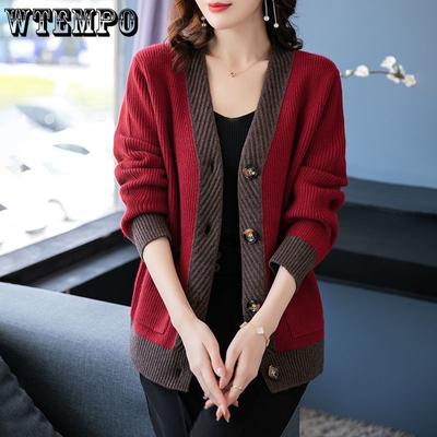 Women's Knitted Cardigan Short Loose Outer Layer Sweater Spring Autumn Color Blocked Sweater Jacket Top