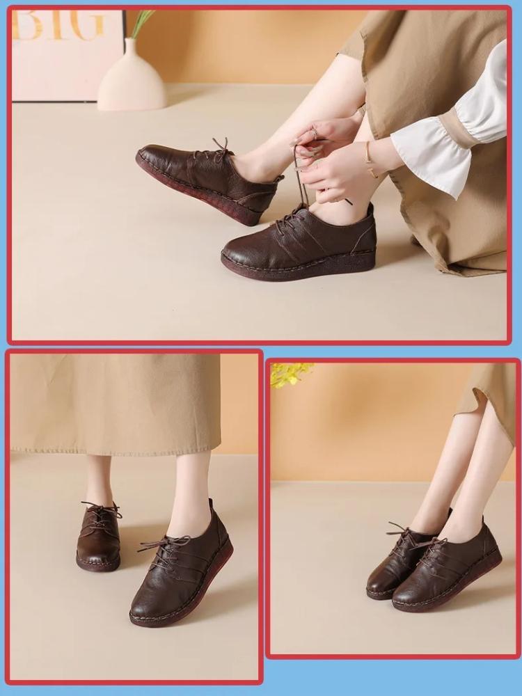 Johnature Genuine Leather Soft Soled Women's Shoes Casual Versatile Lace-up Soft Cowhide Flats