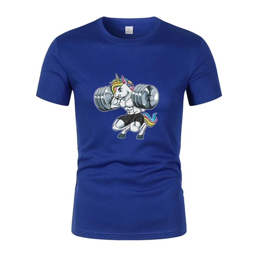 Fun Gym Unicorn Weightlifting Fitness Bodybuilding Printed Round Neck T-Shirt Summer Breathable Quick-Dryingcasual Short Sleeves